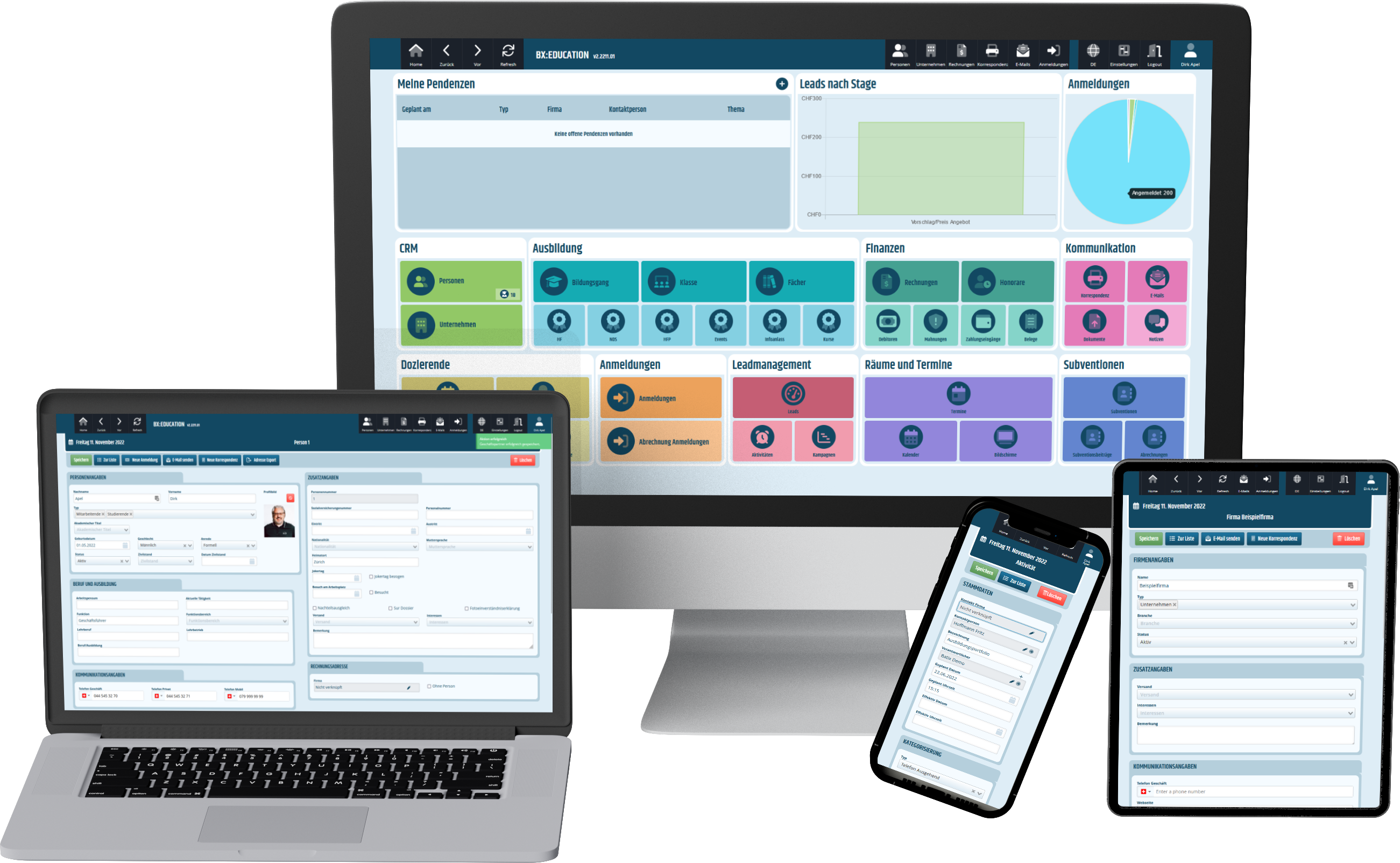 Schulverwaltung Dashboard auf Desktop und Mobil