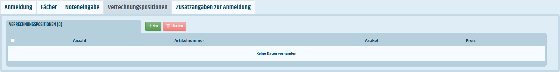 Reiter Verrechnungspositionen Reiter für Verrechnungspositionen