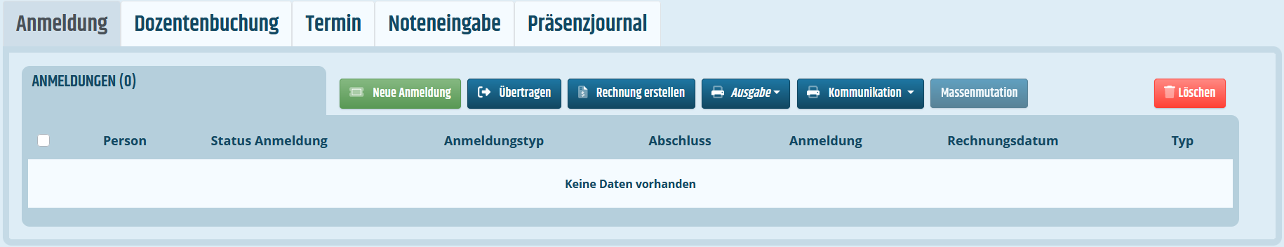 Reiter Anmeldungen auf Ebene eines Faches Reiter für Anmeldungen auf Ebene eines Faches