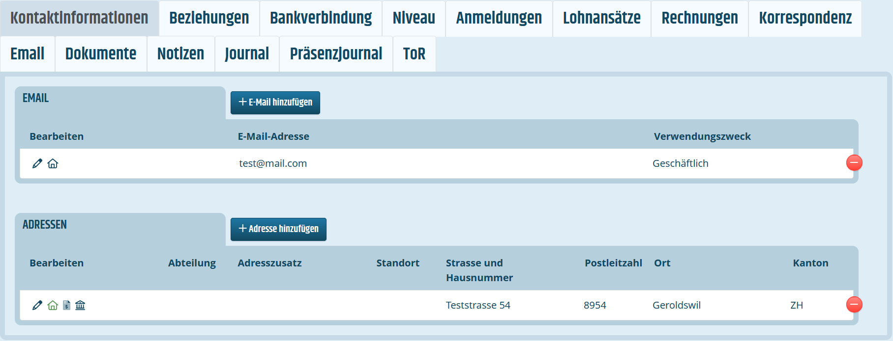 Reiter für Kontaktinformationen