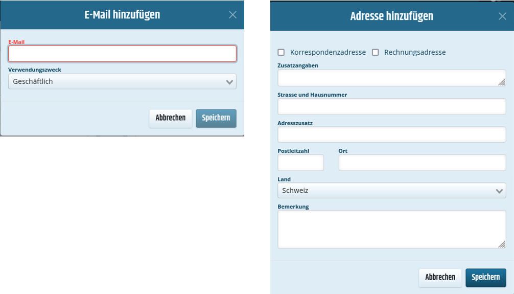 Kontaktinformationen hinterlegen Zwei Abbildungen, welche die Szenarien E-Mail und Adresse hinzufügen zeigen