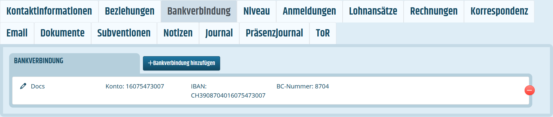 Reiter für Bankverbindungen