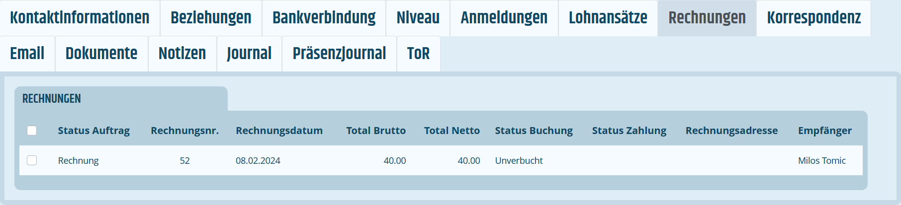 Reiter für Rechnungen