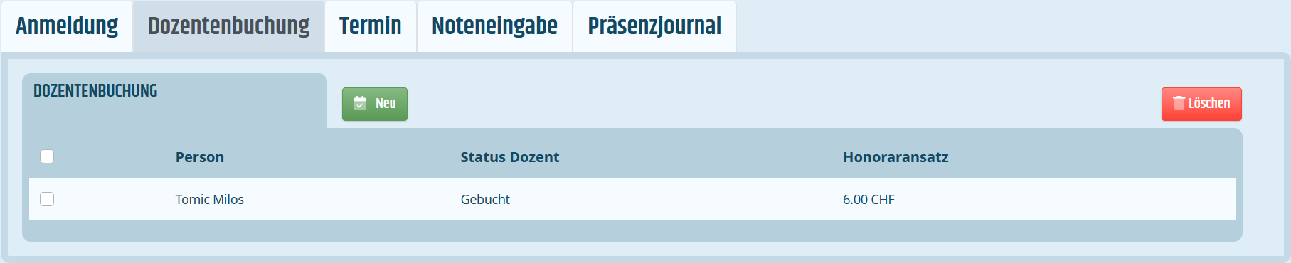 Reiter für Dozentenbuchungen