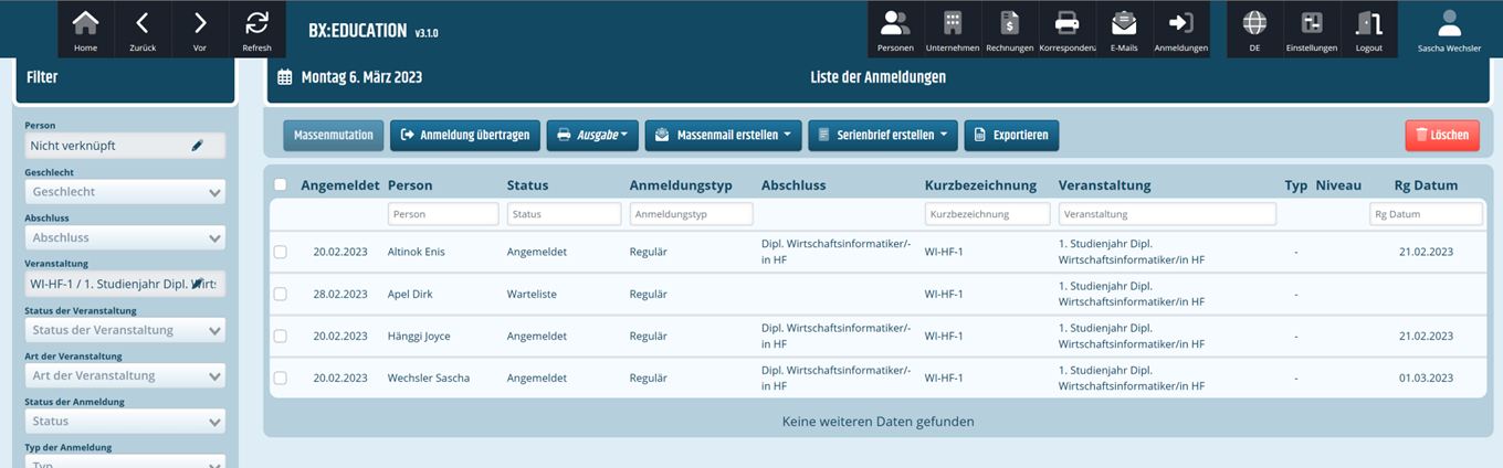 Liste Anmeldungen Liste der Anmeldungen