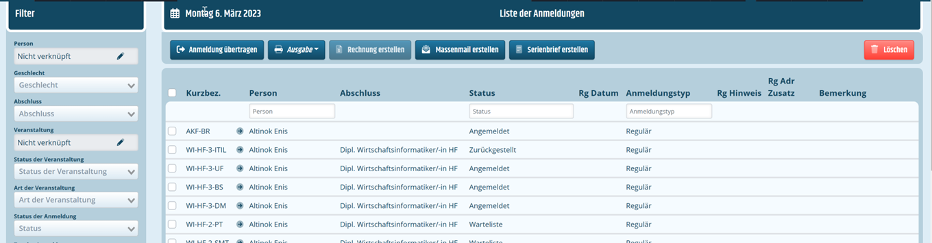 Liste Anmeldungen Liste der Anmeldungen