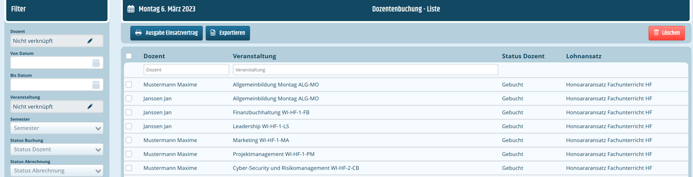 Liste Dozentenbuchung Listenansicht für Dozentenbuchungen