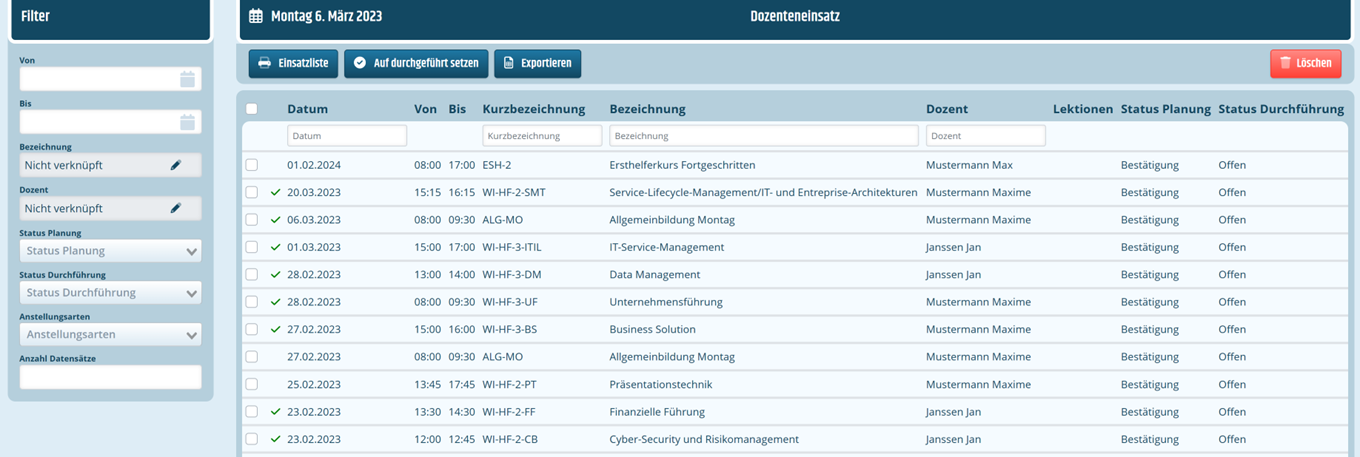 Liste Dozenteneinsatz Listenansicht für Dozenteneinsätze