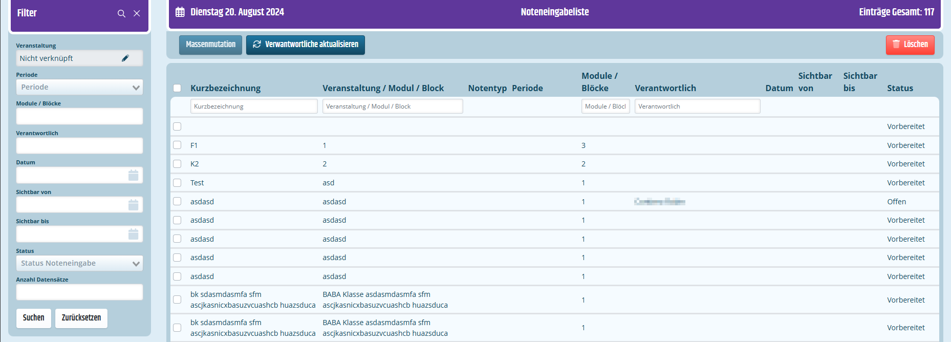 Liste Noteneingabe Listenansicht für Noteneingaben
