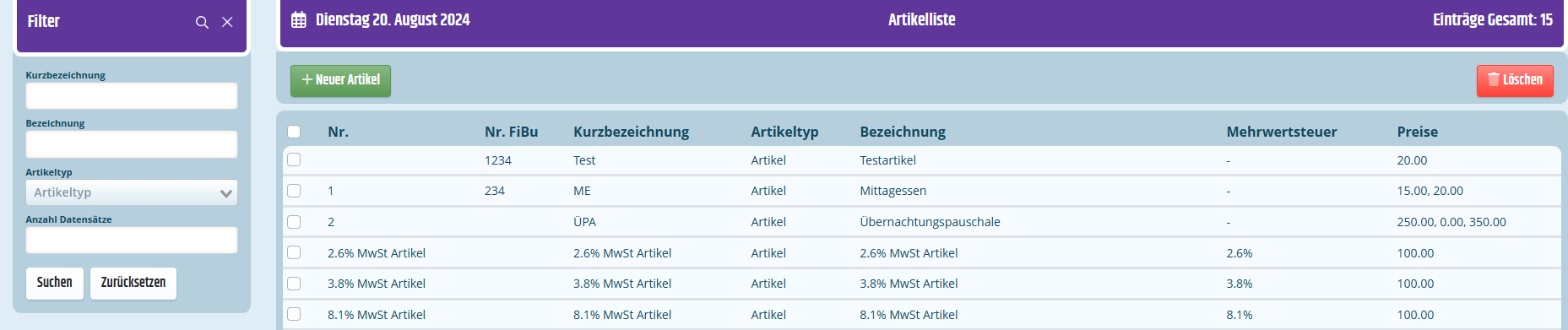 Listenansicht von Artikeln