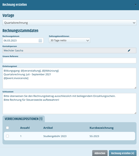 Maske um eine Rechnung über eine Anmeldung zu erstellen