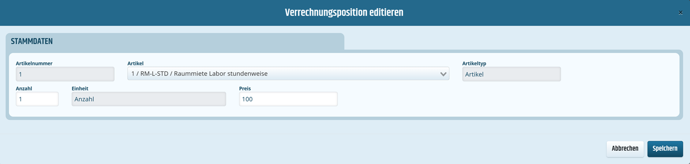 Maske Verrechnungsposition Maske einer Verrechnungsposition