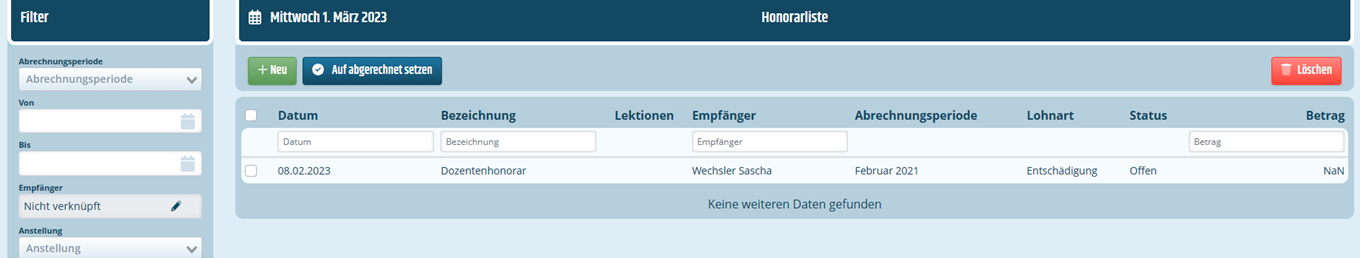Listenansicht von Honoraren