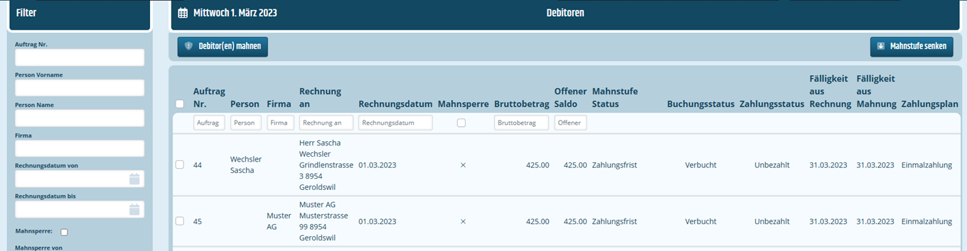 Listenansicht von Debitoren