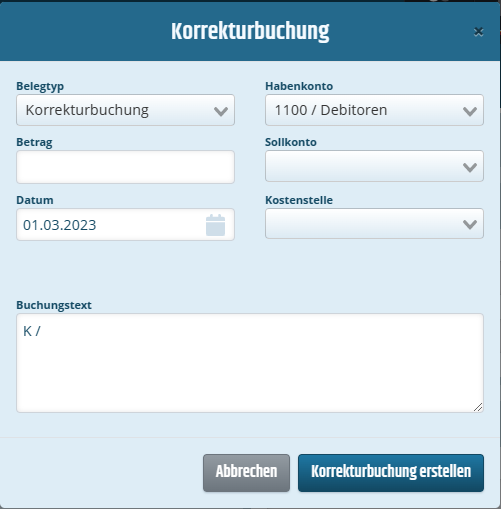 Modal um eine Korrekturbuchung vorzunehmen