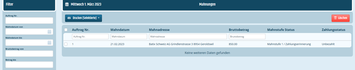 Listenansicht von Mahnungen