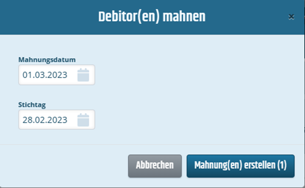 Modal um einen Debitor zu mahnen