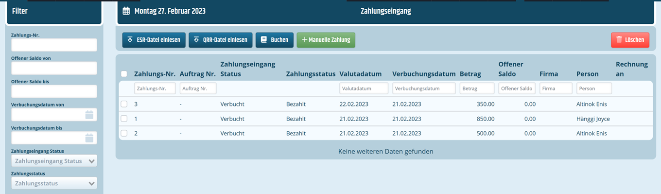 Liste Zahlungseingang Listenansicht für Zahlungseingänge