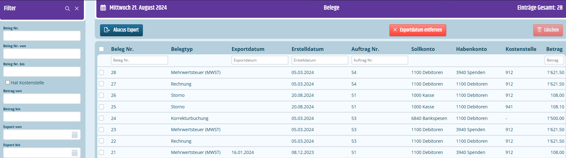 Liste Belege Listenansicht der Belege