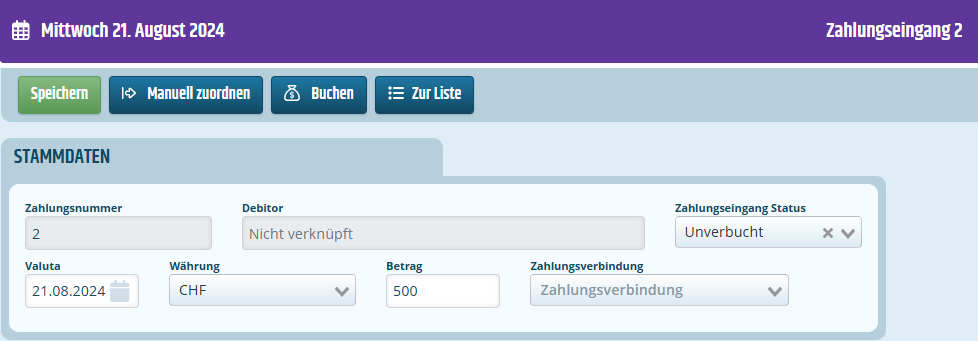 Teil der Maskenansicht für Zahlungseingänge