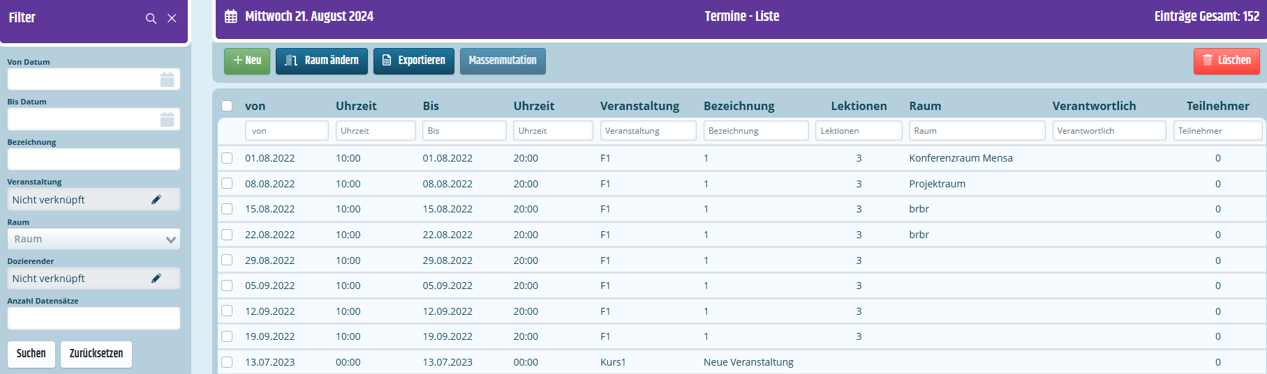Liste Termine Listenansicht der Termine