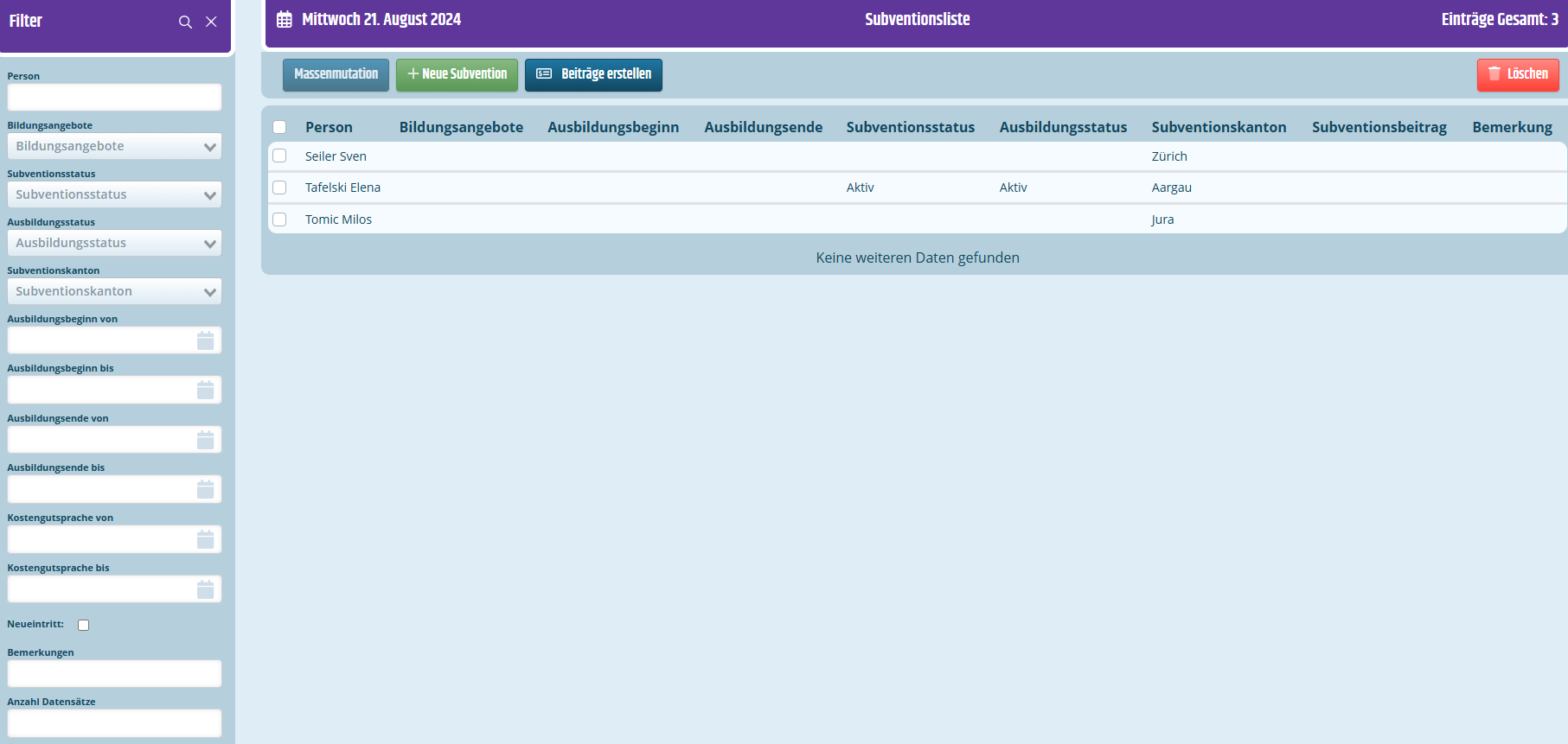 Liste Subventionen Listenansicht der Subventionen