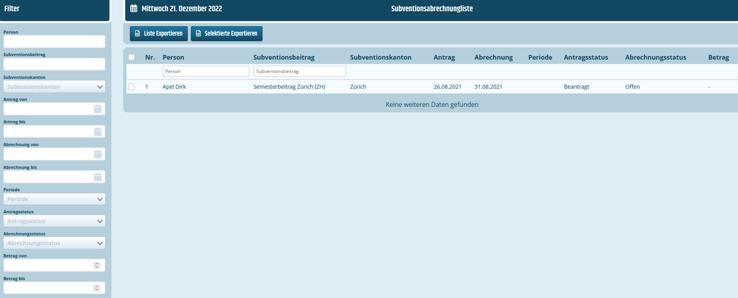 Listenansicht der Subventionsabrechnungen
