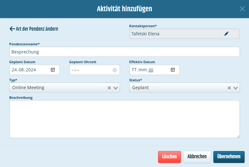 Modal um den Pendenzen eine Aktivität hinzuzufügen