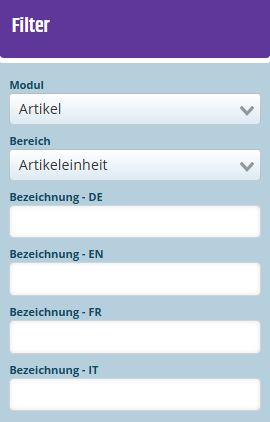 Filterliste der Artikeleinheit