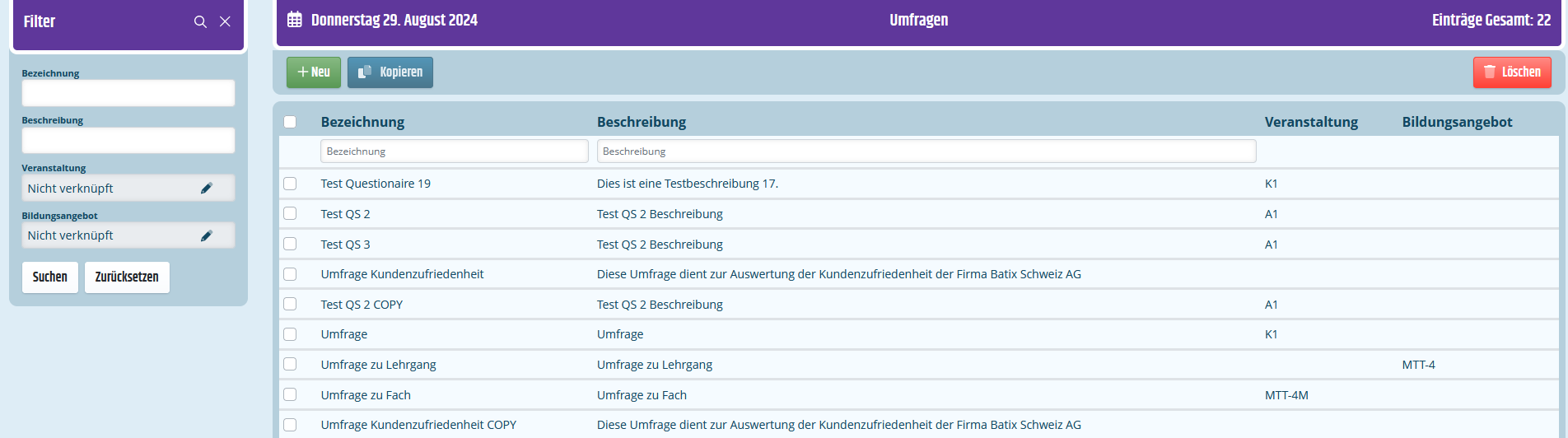 Liste Umfragen Listenansicht der Umfragen