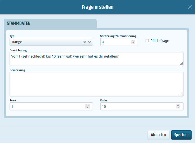Modal einer Frage, welche mithilfe einer Skala beantwortet wird