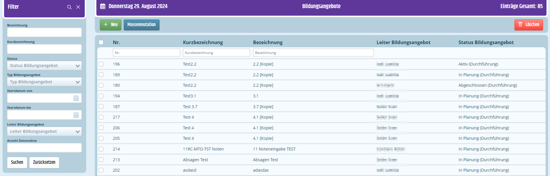 Liste Bildungsangebote Listenansicht der Bildungsangebote