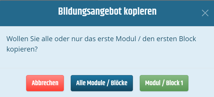 Modal Bildungsangebot kopieren Modal um ein Bildungsangebot zu kopieren mit mehreren Optionen