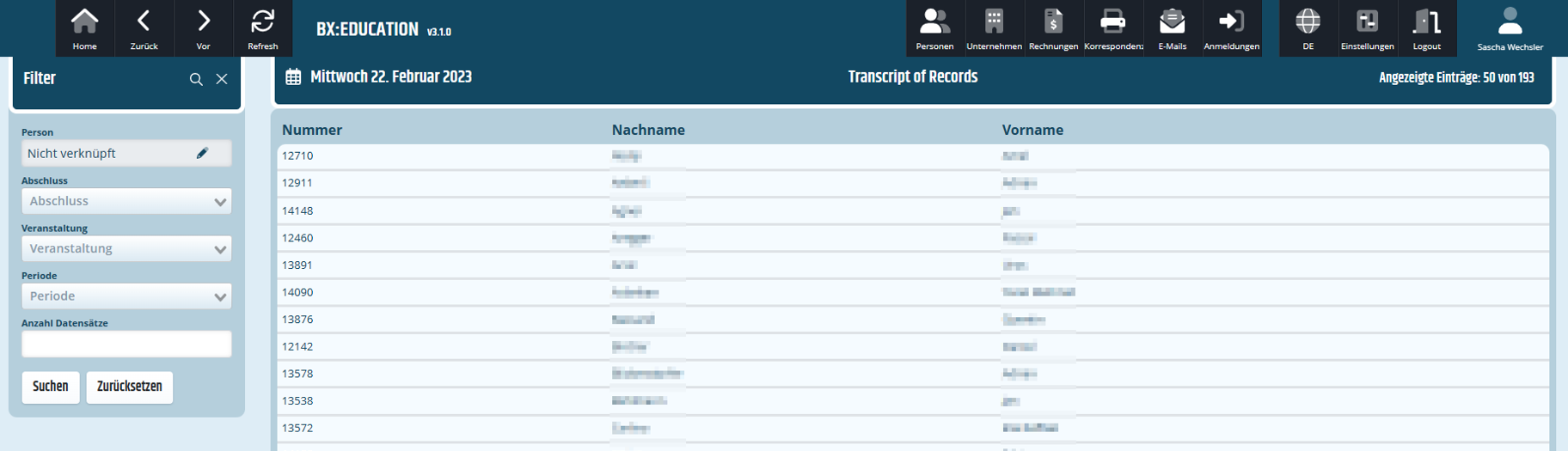 Listenansicht des Transcript of Records