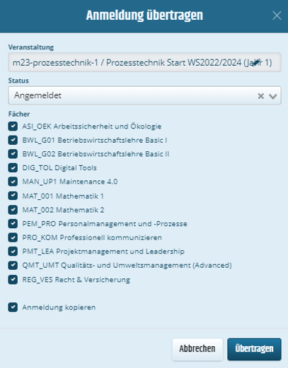 Modal Anmeldung übertragen Modal um Anmeldungen zu übertragen